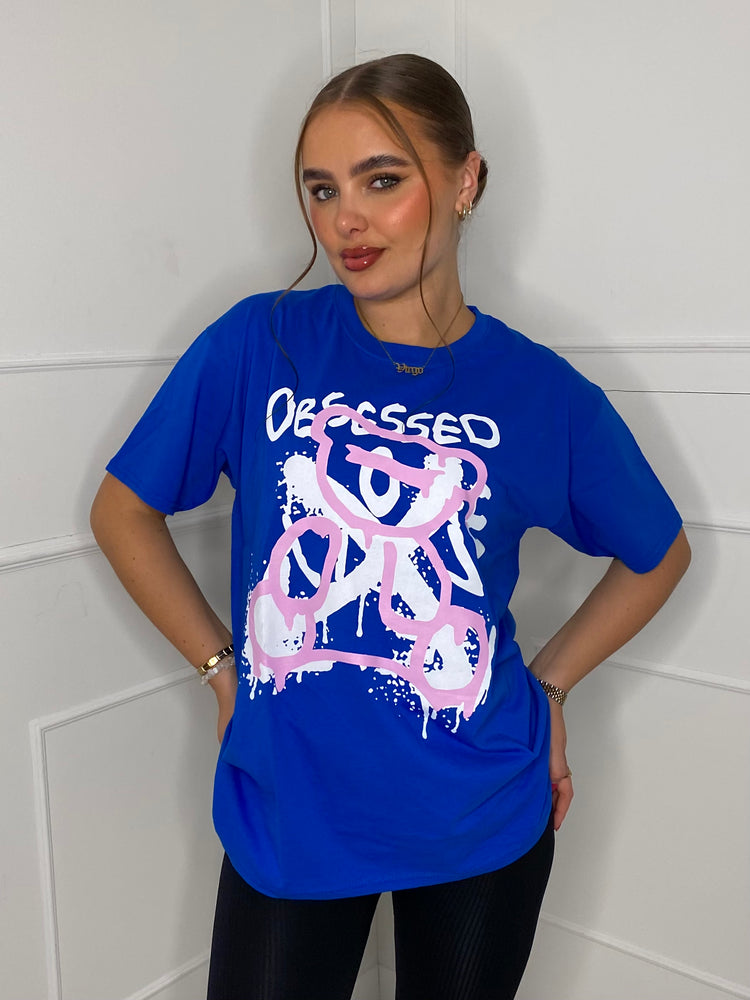 Obsessed Teddy Print T-shirt- royal blue