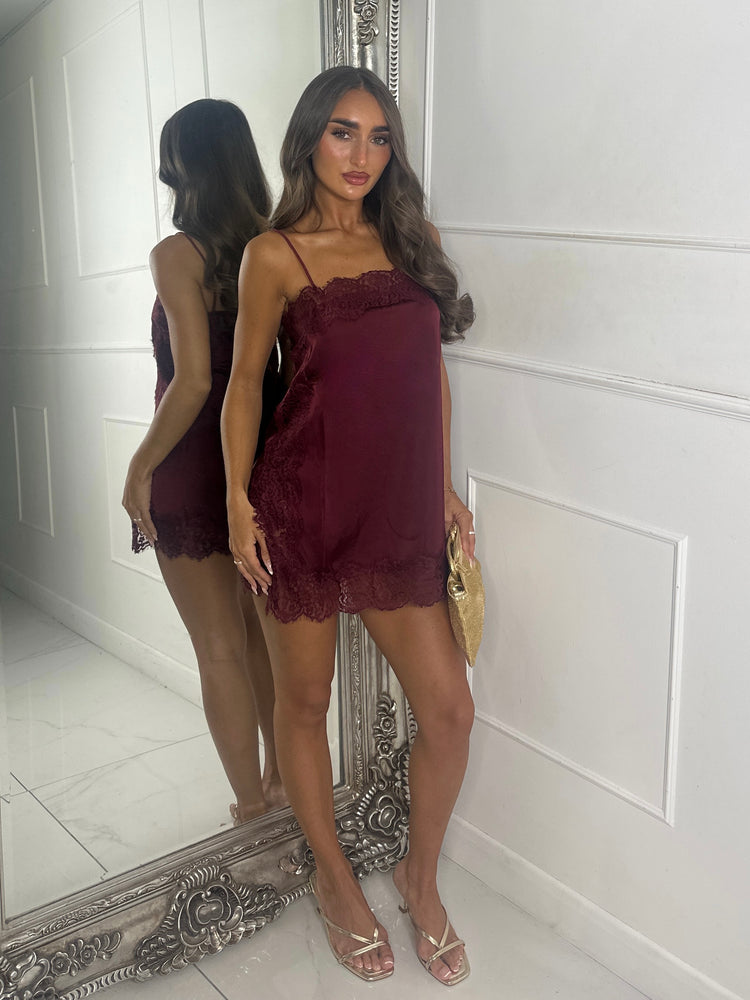 Satin Lace Trim Vest Dress-Wine
