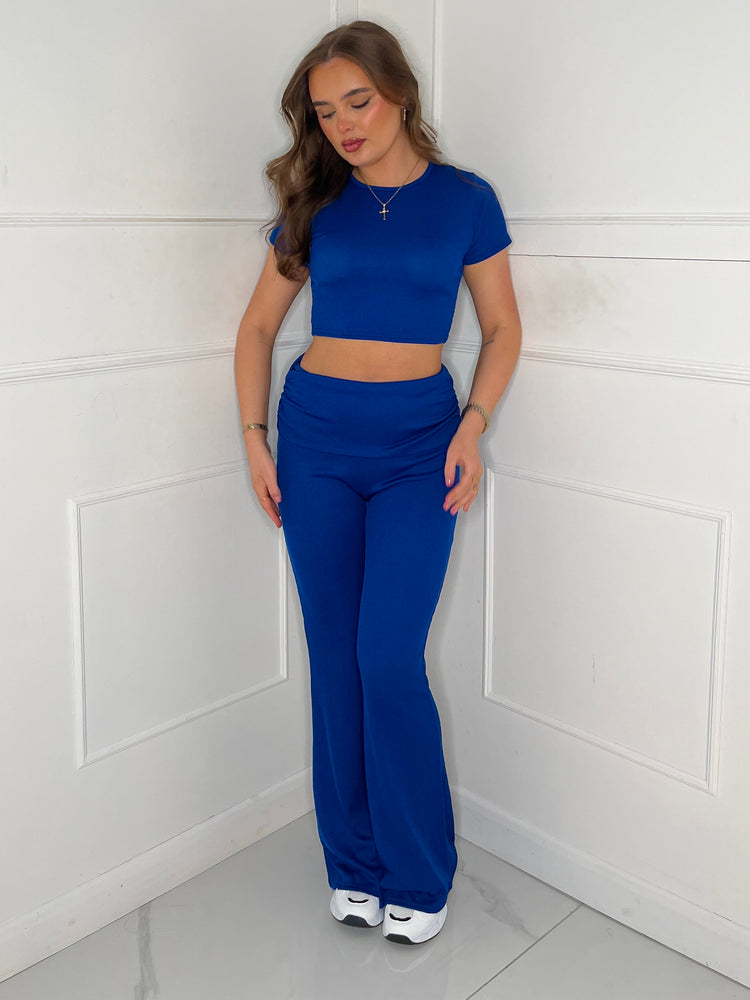 Ribbed Crop Top & Fold Over Flares Loungesuit - Cobalt Blue