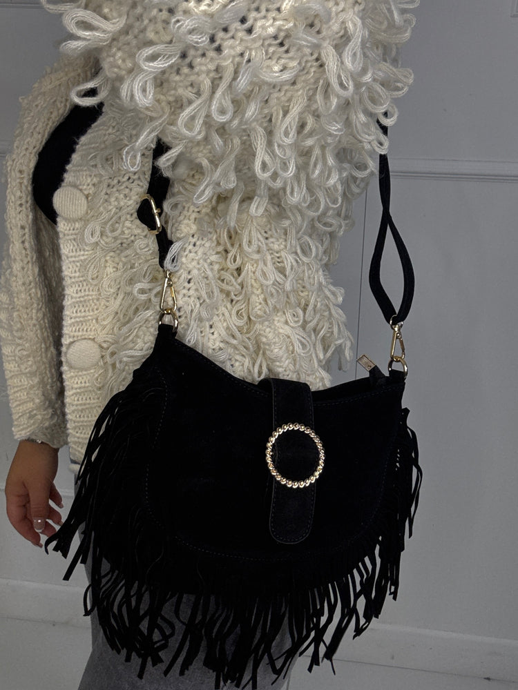 Suede Silver Buckle Detail Tassle Bag - Black