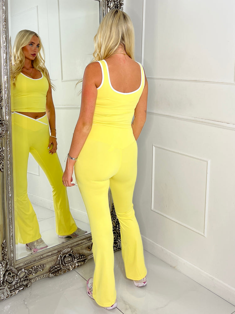 Crossover Ruched Bum Flares And Line Detail Tank Top- Yellow/ White