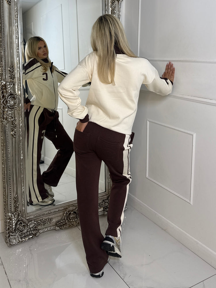 Colour Block Contrast “C” Embroidery Tracksuit - Chocolate/Cream