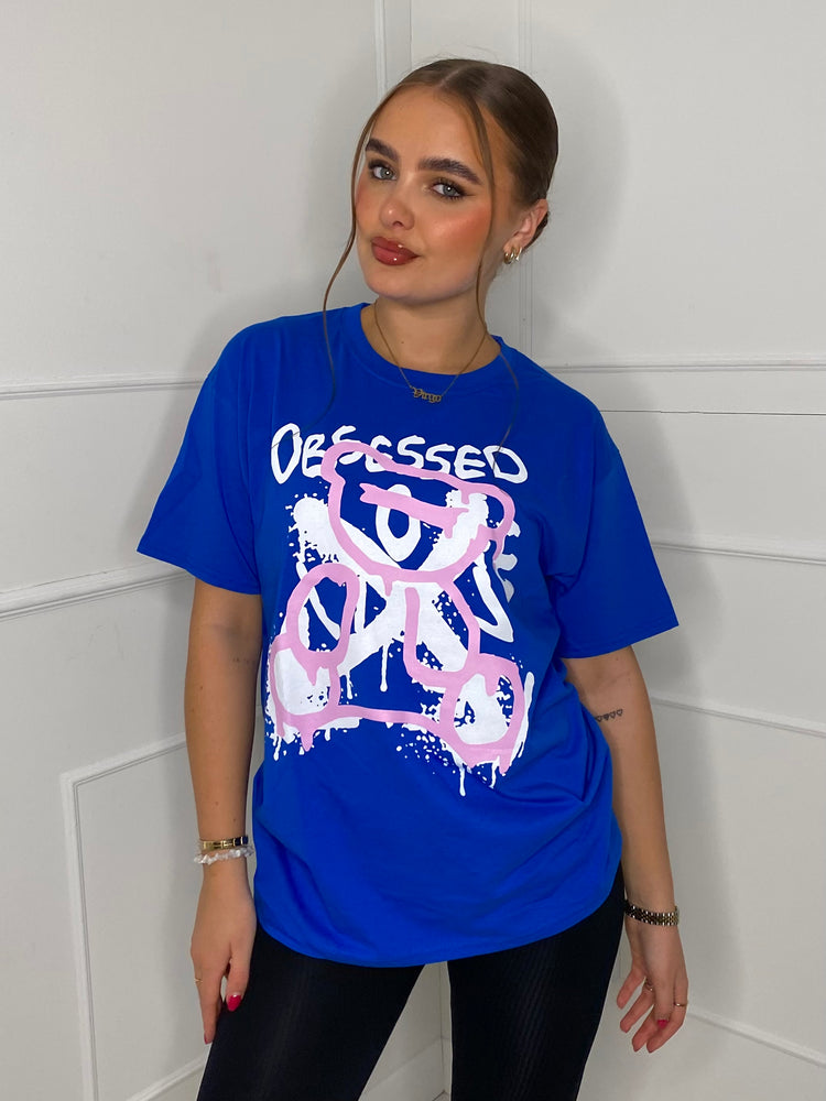 Obsessed Teddy Print T-shirt- royal blue