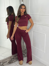 Heart Detail Crop Top & Wide Leg Pants Set - Wine
