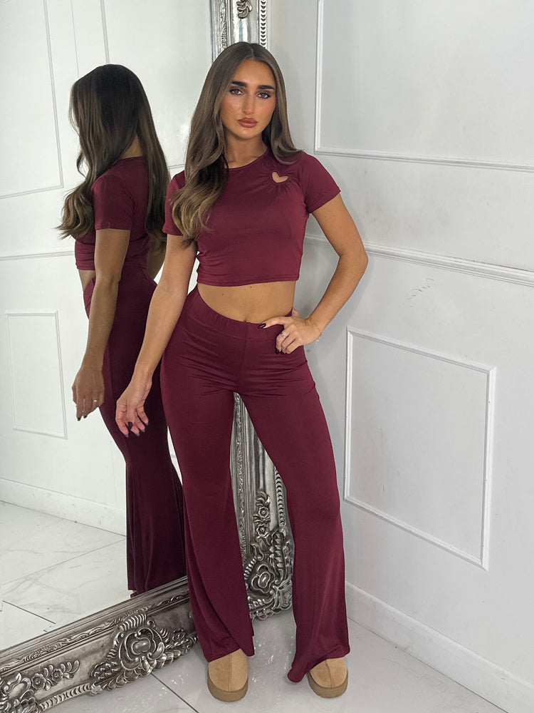 Heart Detail Crop Top & Wide Leg Pants Set - Wine