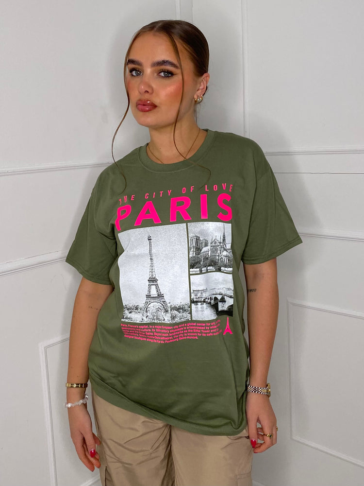 Paris Eiffel Tower Print T-shirt- Khaki Green