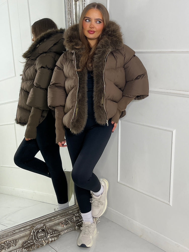 Hooded Puffer Coat With Faux Fur Trim - Brown