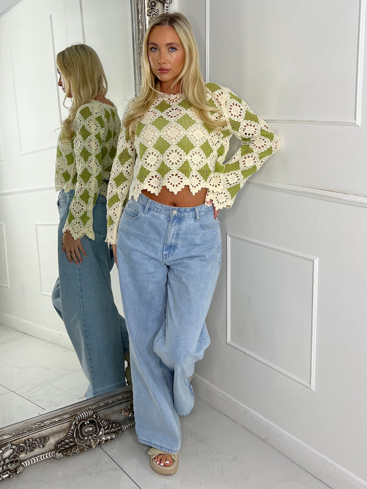 Multi Colour Contrast Crochet Top - Beige & Sage