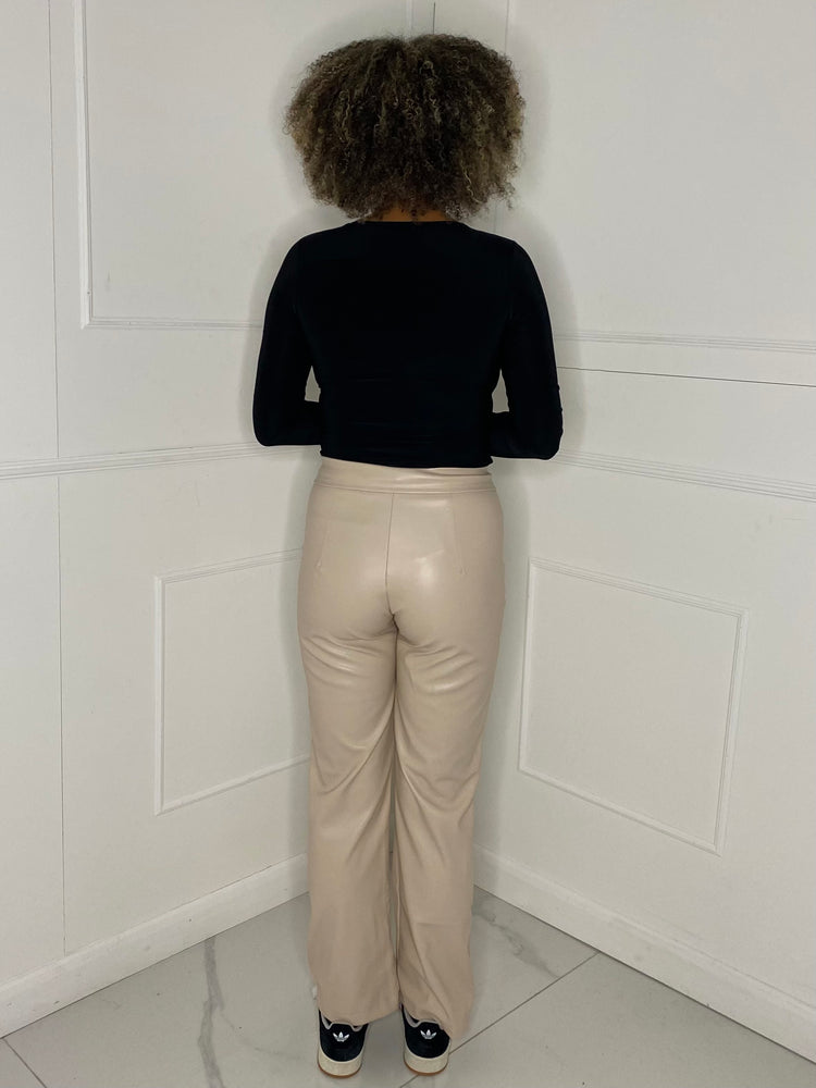 Zip Detail Leather Look Trousers - Cream