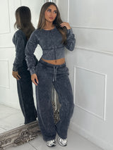 Cropped Zip Up Acid Wash Tracksuit - Charcoal Grey