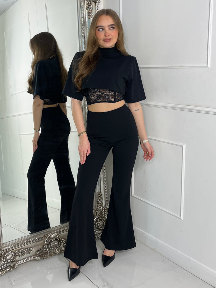 Padded Shoulder Cropped Tee With Lace Bra Underlayer & Kick Flares Co-Ord - Black