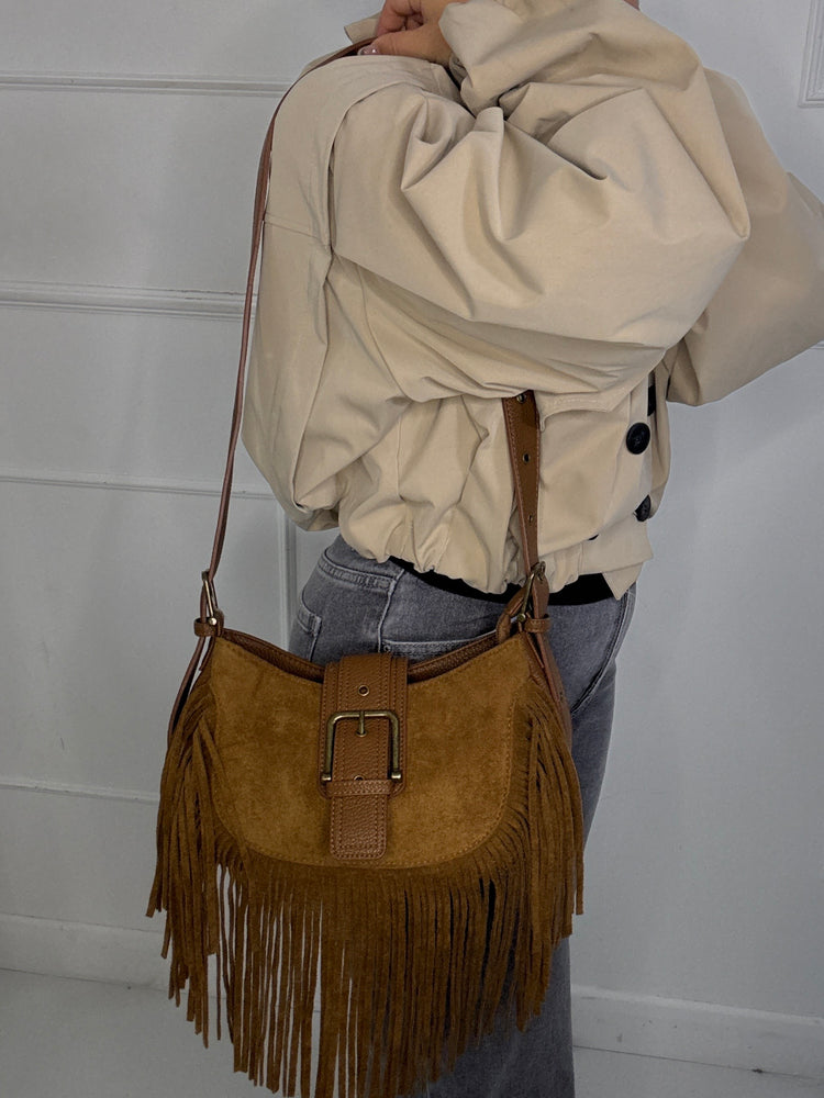 Suede Tassel Leather Strap Detail Shoulder Bag - Tan