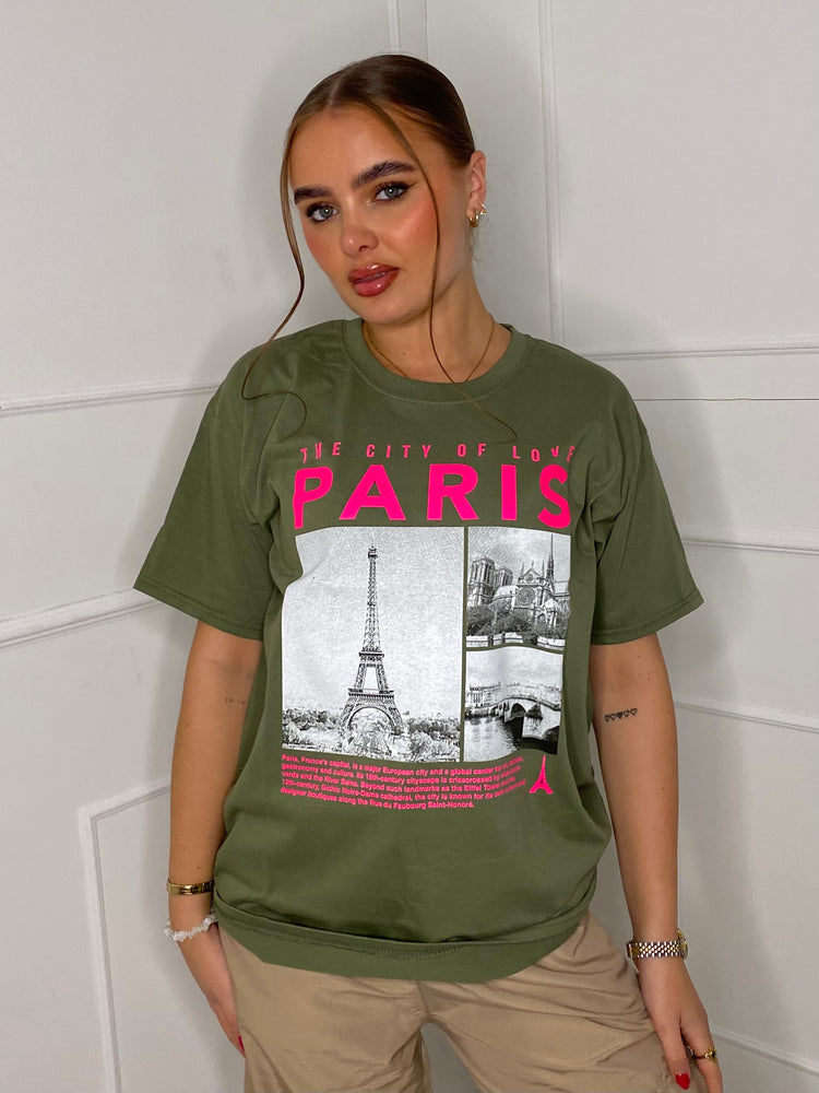 Paris Eiffel Tower Print T-shirt- Khaki Green