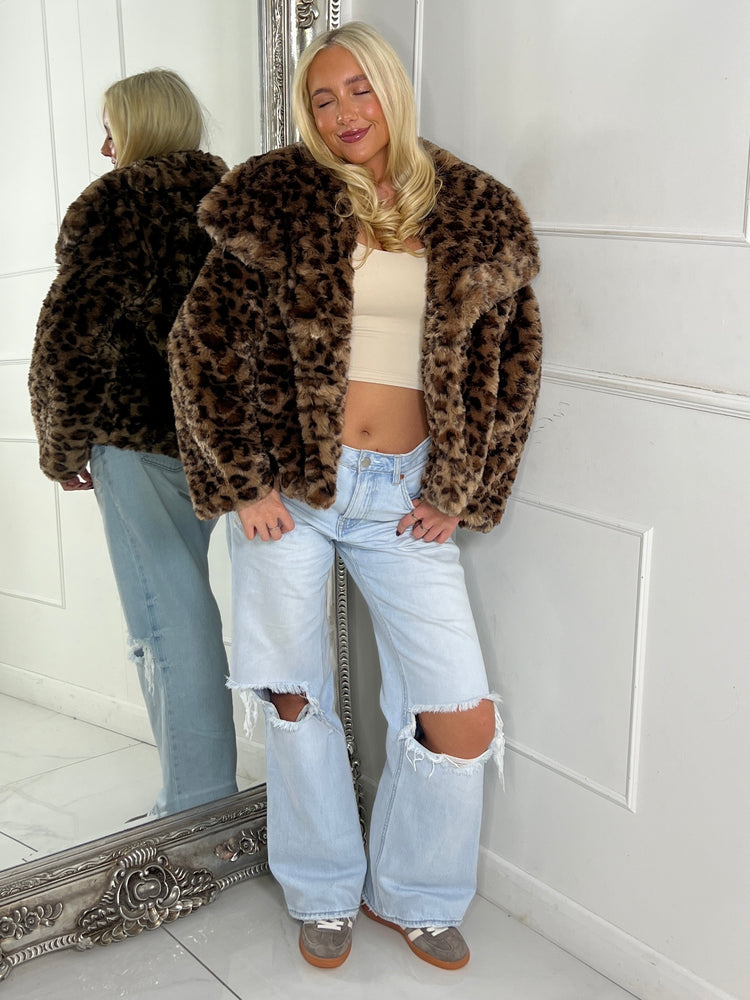 Leopard Print Faux Fur Collared Jacket - Brown