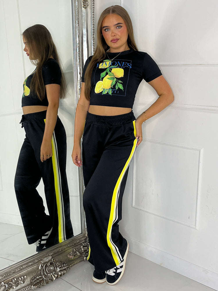 Lemon Tee & Side Stripe Trousers Co-Ord - Black