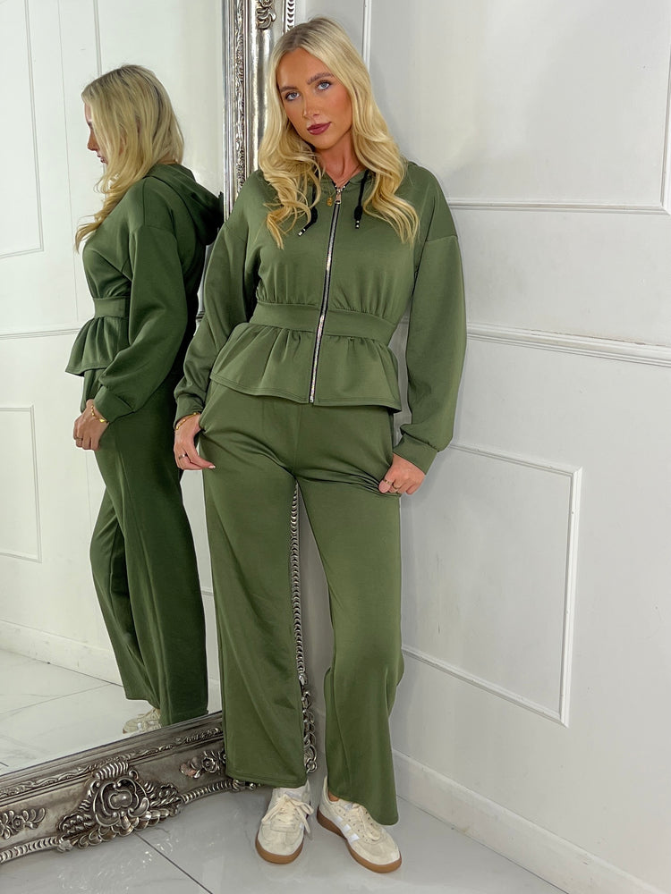 Straight Leg Trousers & Sinch Waist Detail Hoodie Co Ord - Khaki