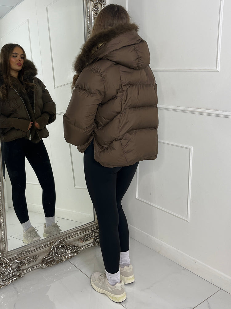 Hooded Puffer Coat With Faux Fur Trim - Brown