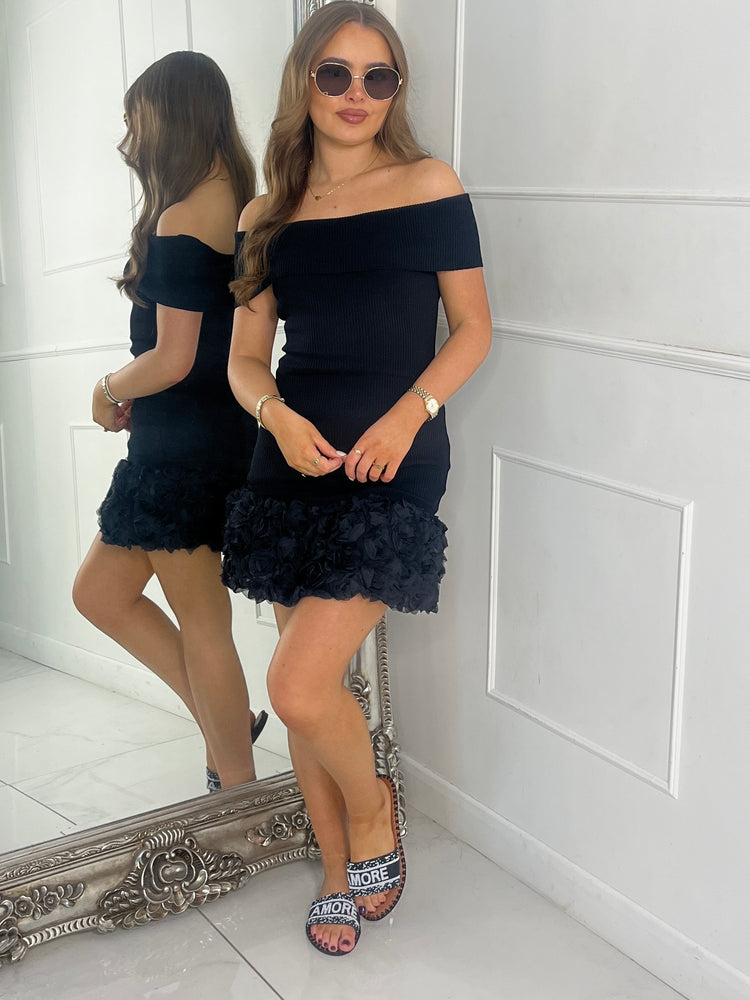 Mesh Ruffle Bottom Off Shoulder Dress - Black