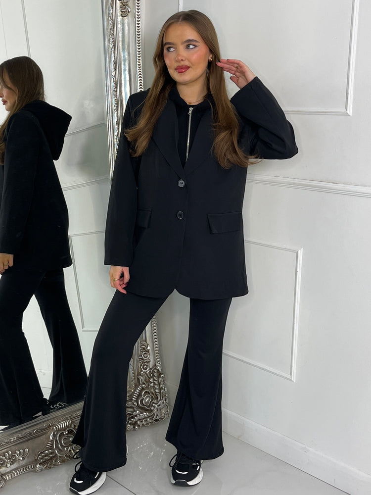 Oversized Blazer With Black Attached Hood - Black