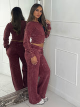 Cropped Zip Up Acid Wash Tracksuit - Wine