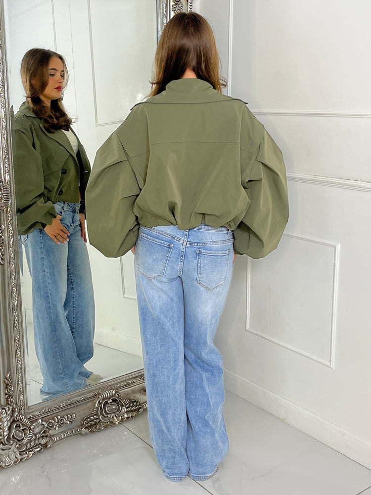 Crop Balloon Sleeve Trench Jacket - Khaki Green