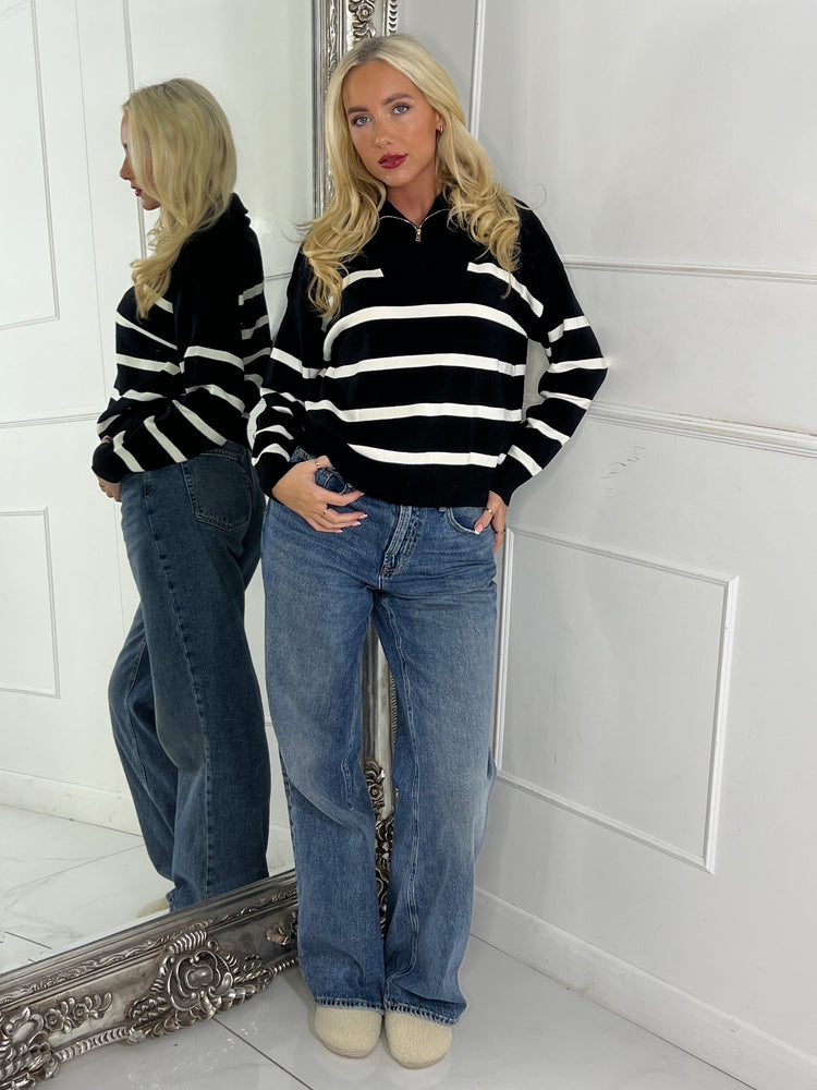 1/4 Zip Striped Jumper - Black / Cream