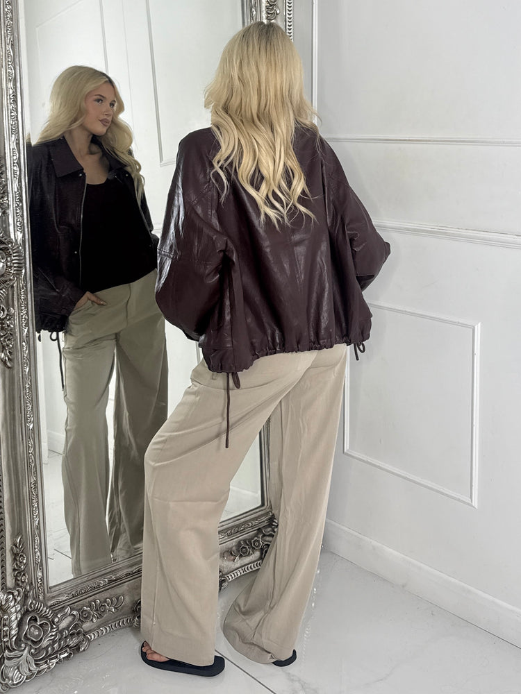 Oversized Leather PU Jacket with Drawstrings - Brown