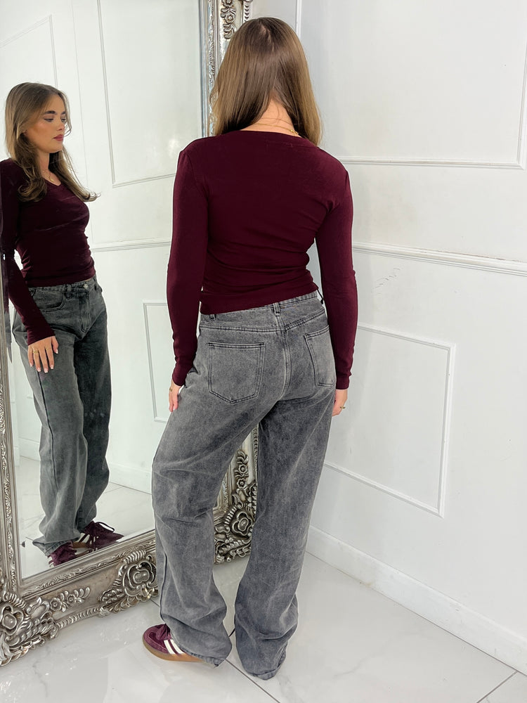 V Neck Long Sleeve Soft Touch Top - Wine