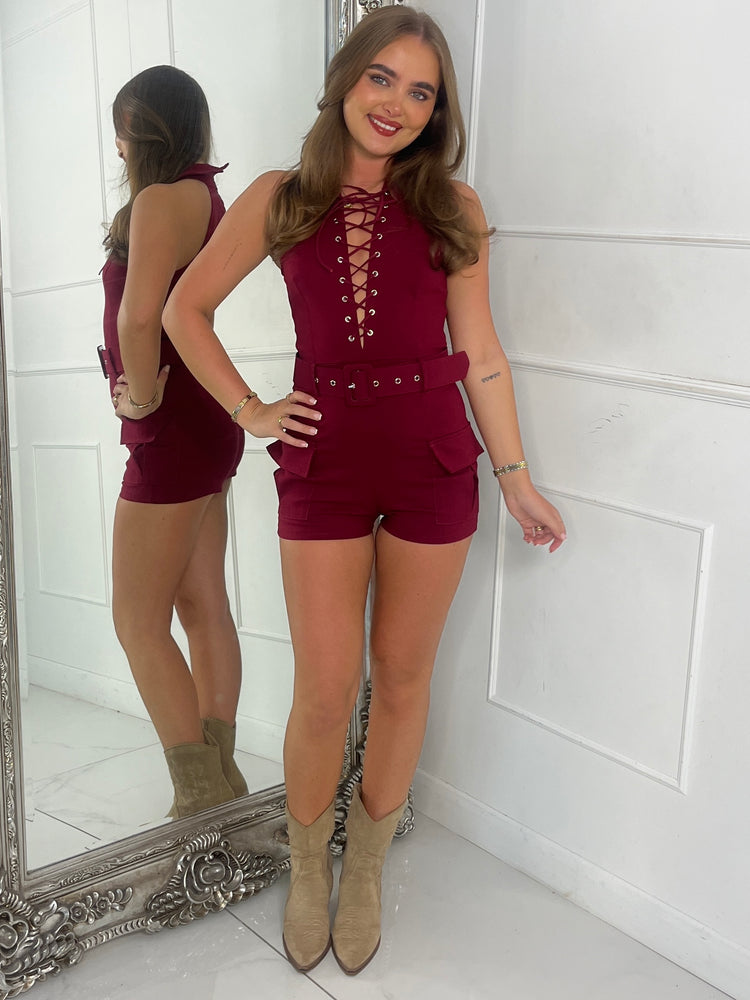 Collared Lace Up Cargo Playsuit - Wine