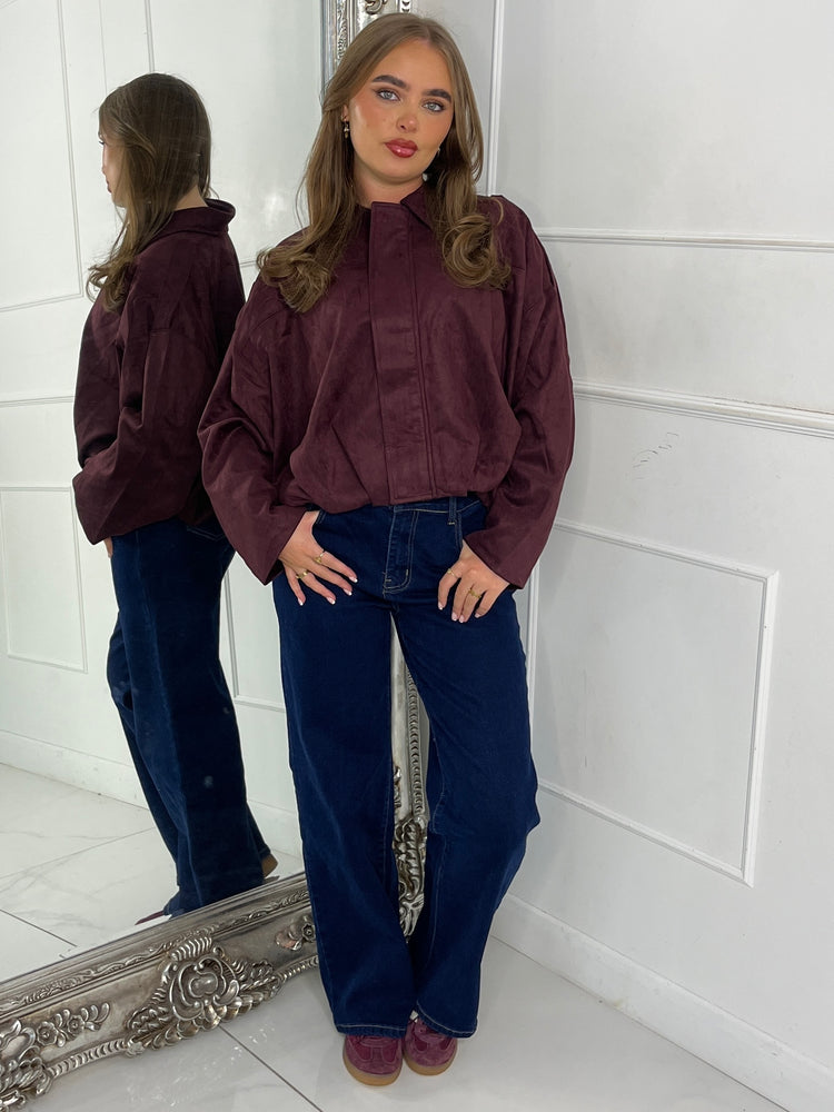 Suede Collared Oversized Bomber Jacket - Wine