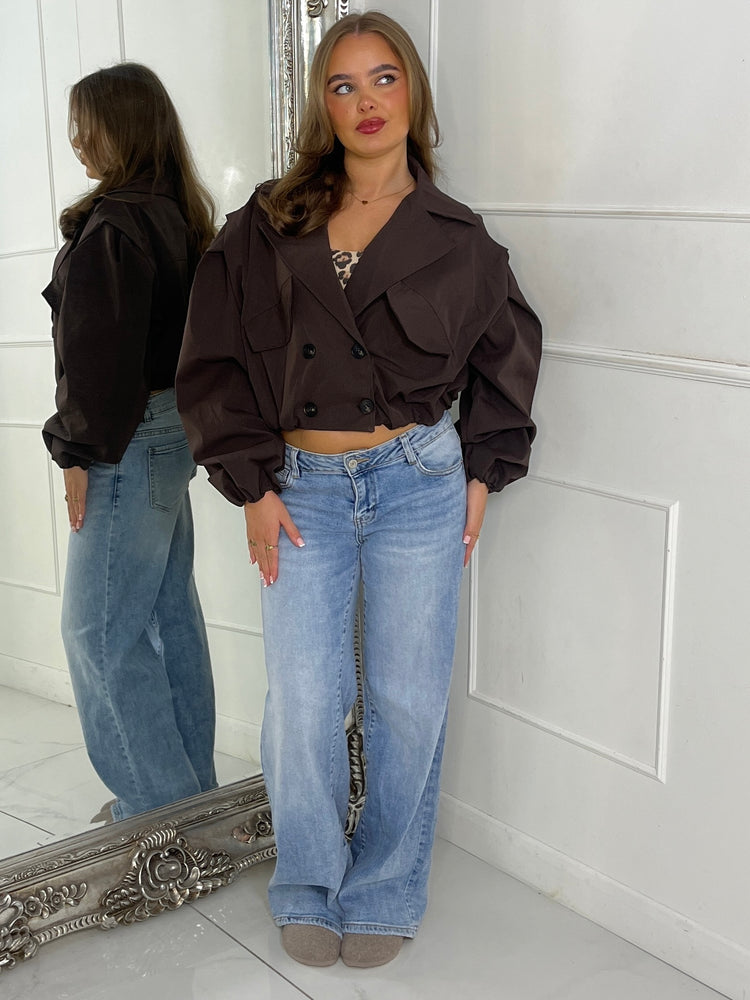 Crop Balloon Sleeve Trench Jacket - Chocolate