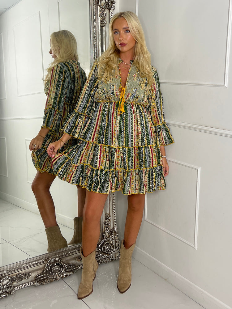 Embellished Tassle Detail Long Sleeve Boho Dress - Green Multi