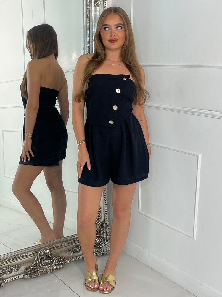 Fold Over Gold Button Playsuit - Black