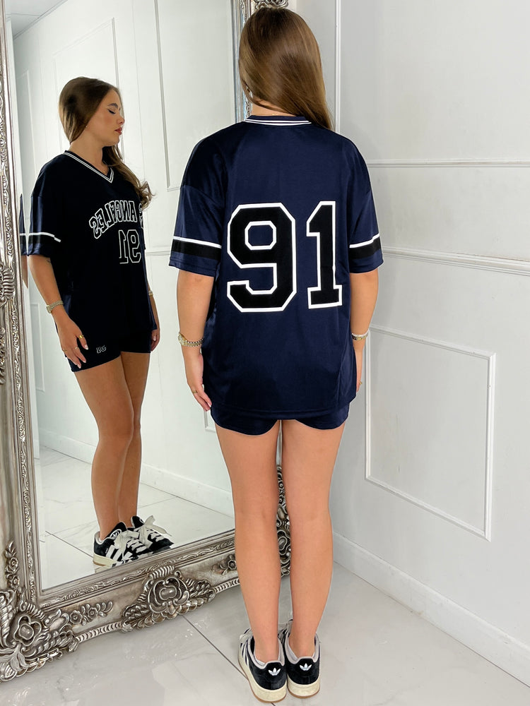 Los Angeles Varsity Top & Matching Shorts Co-ord - Navy/ Black