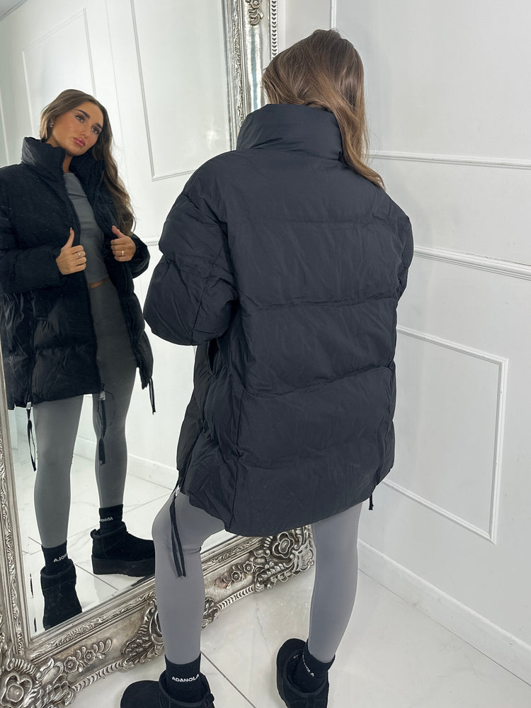 Side Zip Detail Padded Coat - Black
