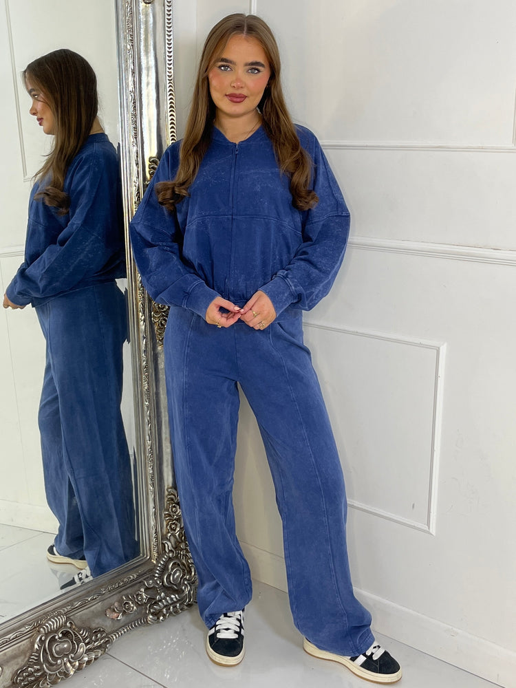 Acid Wash Bomber Jacket & Jogger Tracksuit - Blue