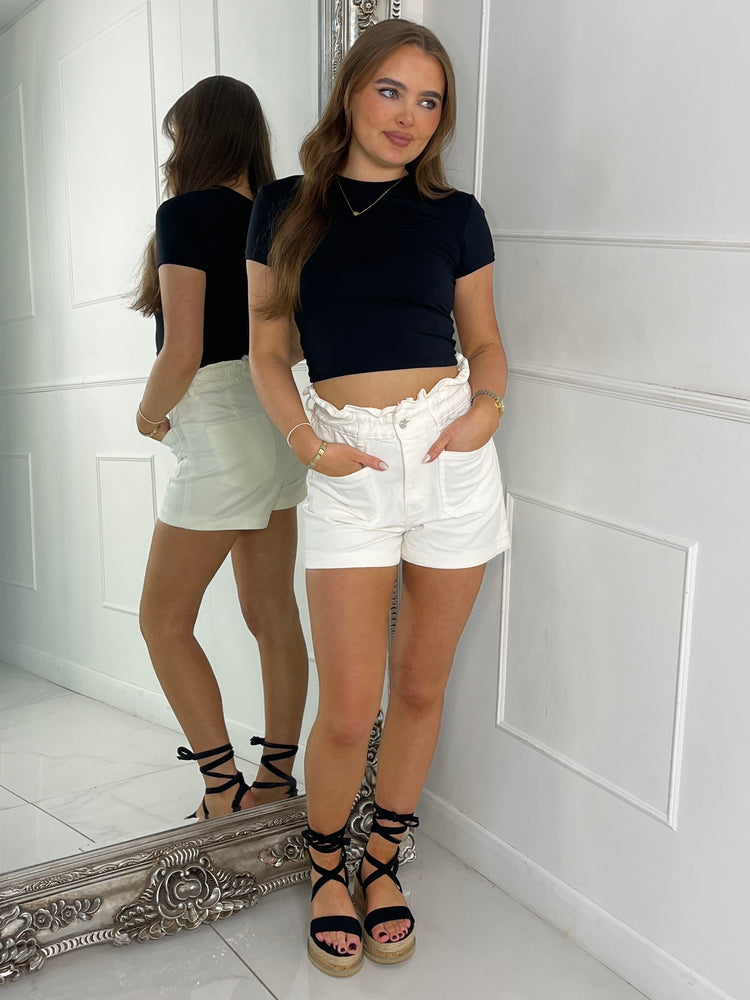 Pocket Detail Paper Bag Denim Shorts - White