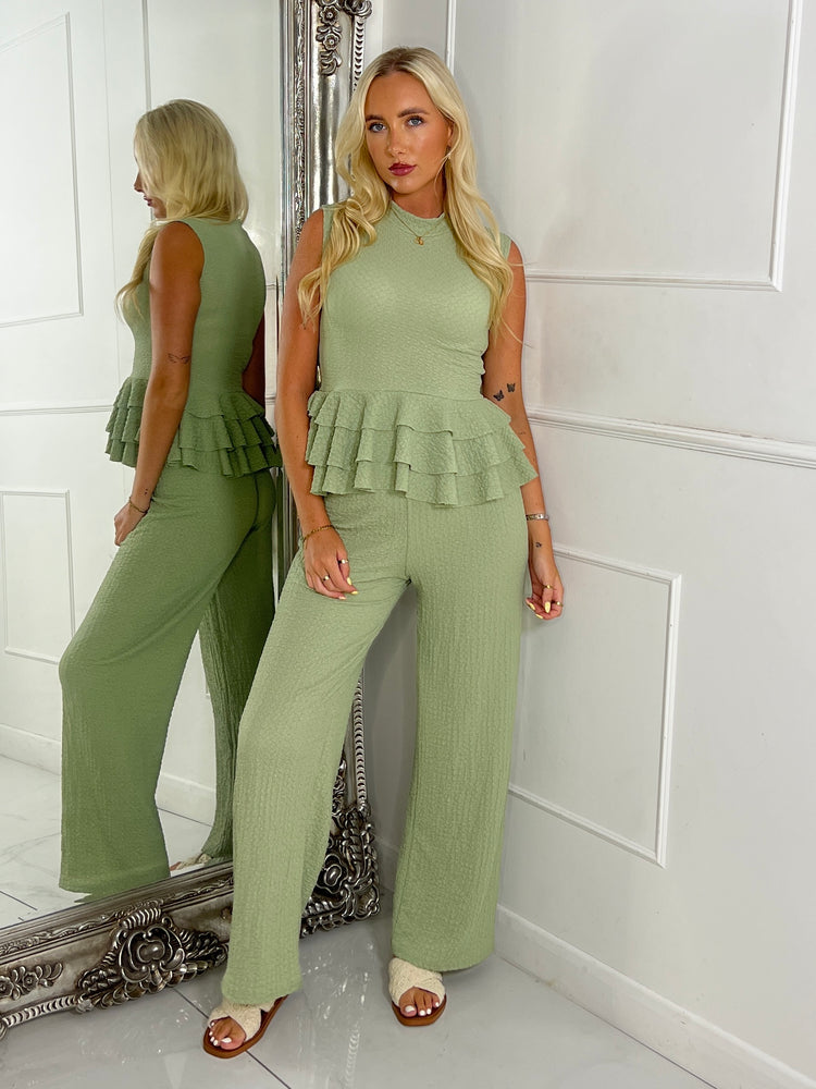 Cheesecloth High Neck Ruffle Bottom Top & Matching Flares Co-ord - Sage Green