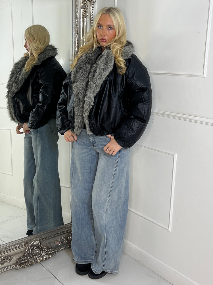 PU Faux Fur Collared Bomber Jacket - Black