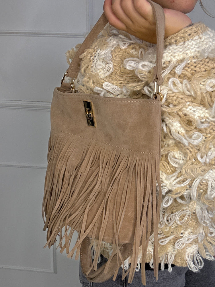 Small Suede Full Tassel Gold Lock Detail Shoulder Bag - Beige
