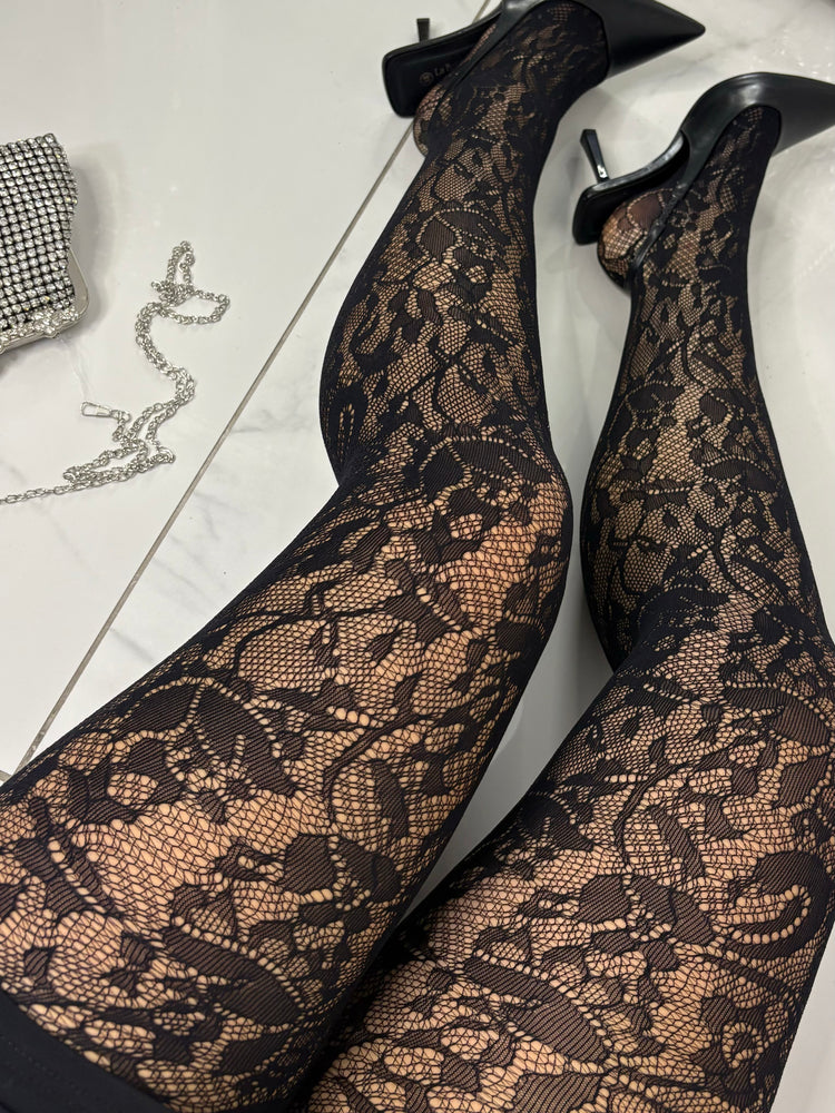 Lace Floral Pattern Tights - Black