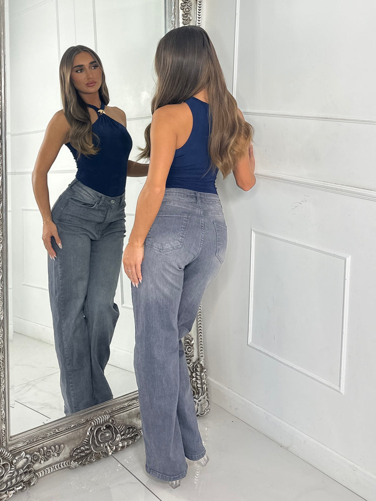 Gold Buckle Cut Out Slinky Bodysuit - Navy