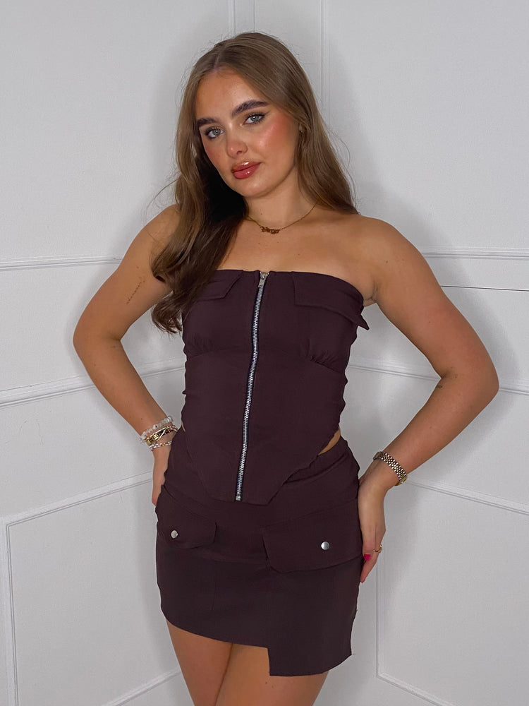Zip Up Front Pocket skirt set - Brown