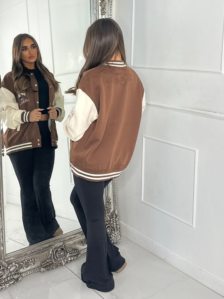 Embroidered Teddy Detail Varsity Jacket - Brown/Cream