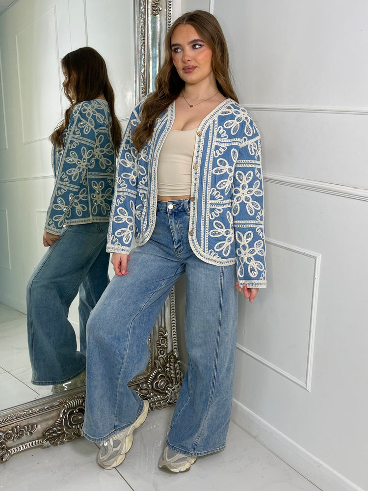 Floral border Embroidered Jacket - Denim & Beige Contrast