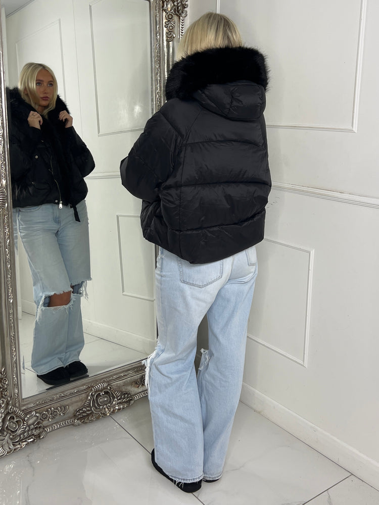 Hooded Faux Fur Puffer Coat With Buckle Detail - Black