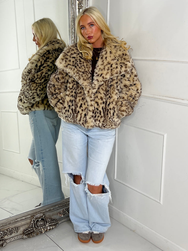 Leopard Print Faux Fur Collared Jacket - Beige/Brown
