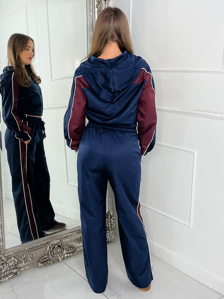 Hooded Colour block Jacket & Straight Leg Pants Set - Wine/Navy