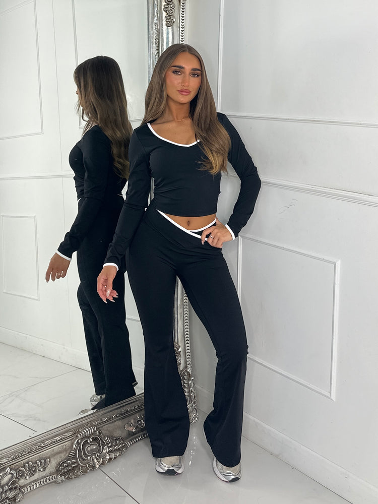 Crossover Ruched Bum Flares & Line Detail Long Sleeved Top - Black