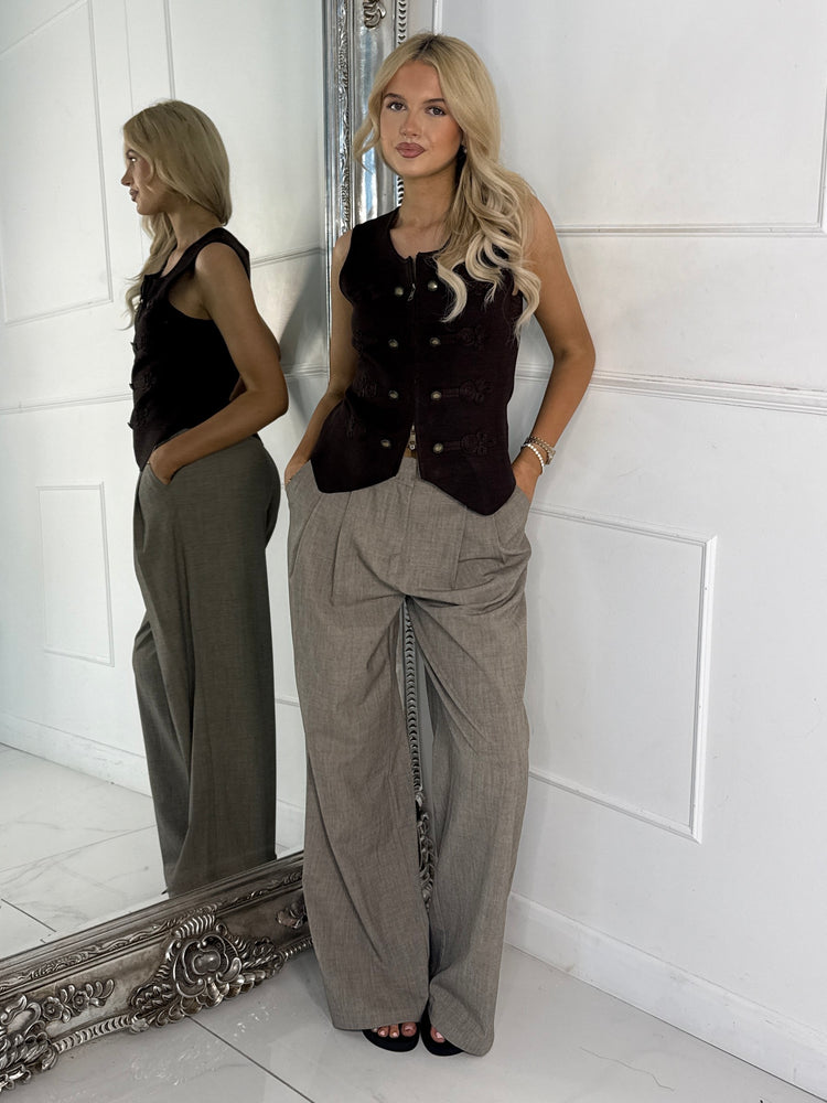 Swirl Embroidery Detail Double Zip Waistcoat -Brown